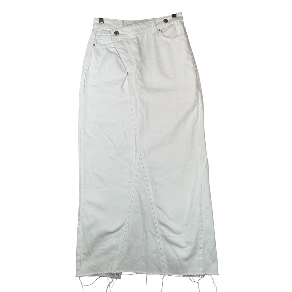 Zara Women's White Denim Maxi Skirt Small Asymmetrical Crossover Waist Raw Hem